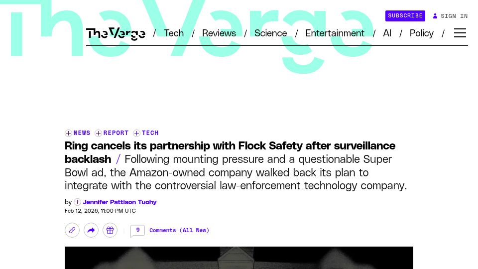 Screenshot of theverge.com: Ring cancels its partnership with Flock Safety after surveillance backlash
