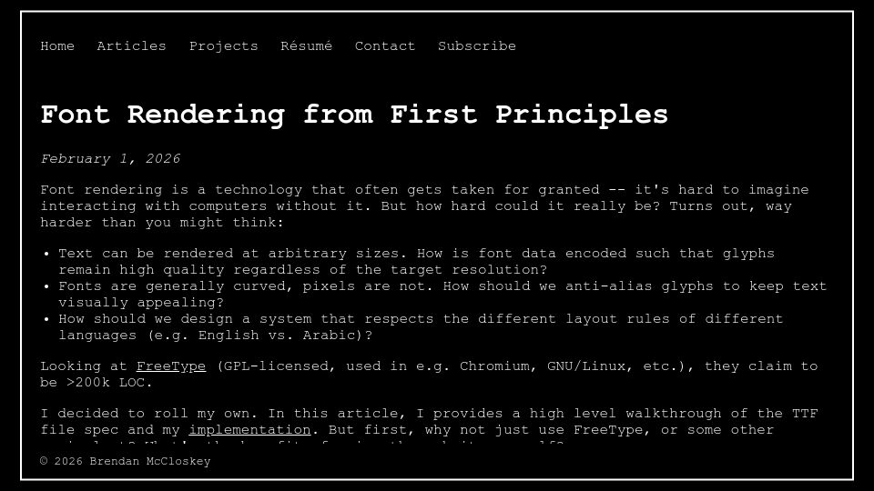 Screenshot of mccloskeybr.com: Font Rendering from First Principles