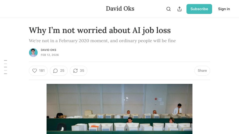 Screenshot of davidoks.blog: I'm not worried about AI job loss