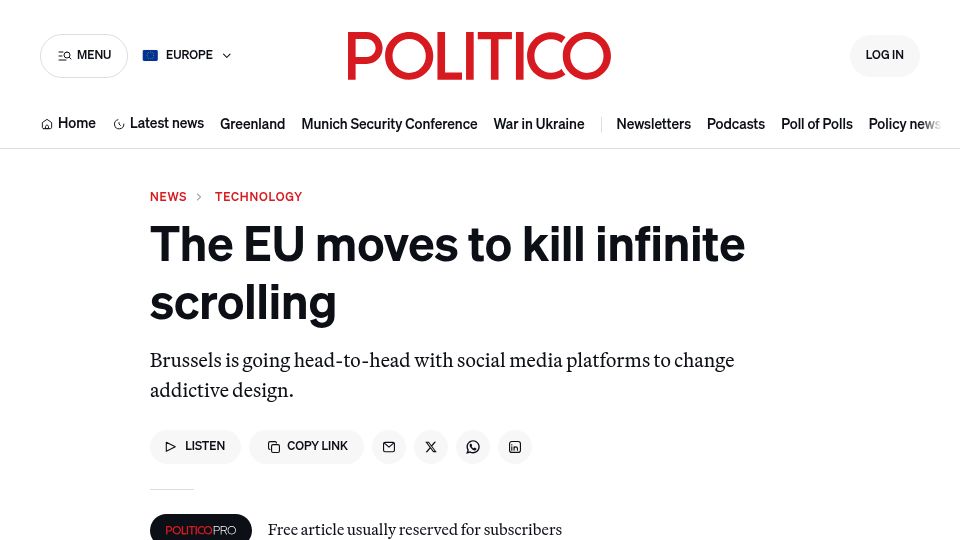 Screenshot of politico.eu: The EU moves to kill infinite scrolling