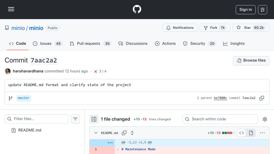 Screenshot of github.com: MinIO repository is no longer maintained