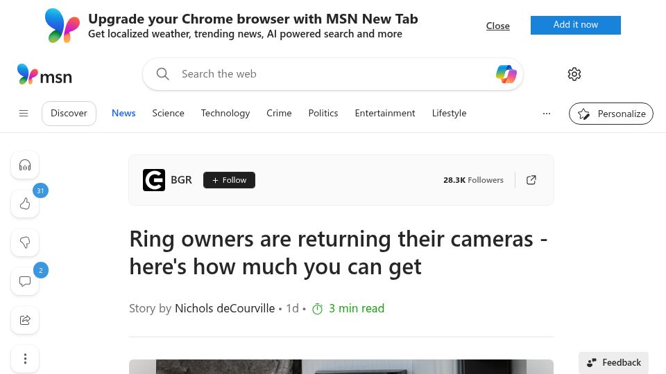 Screenshot of msn.com: Ring owners are returning their cameras