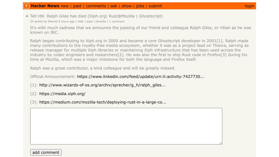 Screenshot of Hacker News post: Tell HN: Ralph Giles has died (Xiph.org| Rust@Mozilla | Ghostscript)