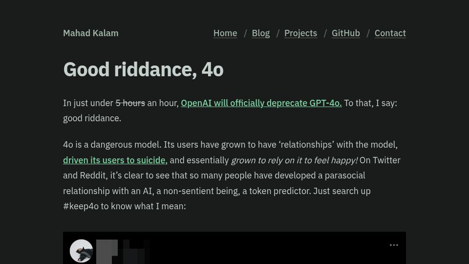 Screenshot of mahadk.com: Good Riddance, 4o