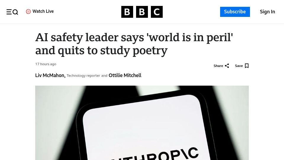 Screenshot of bbc.com: AI safety leader says 'world is in peril' and quits to study poetry