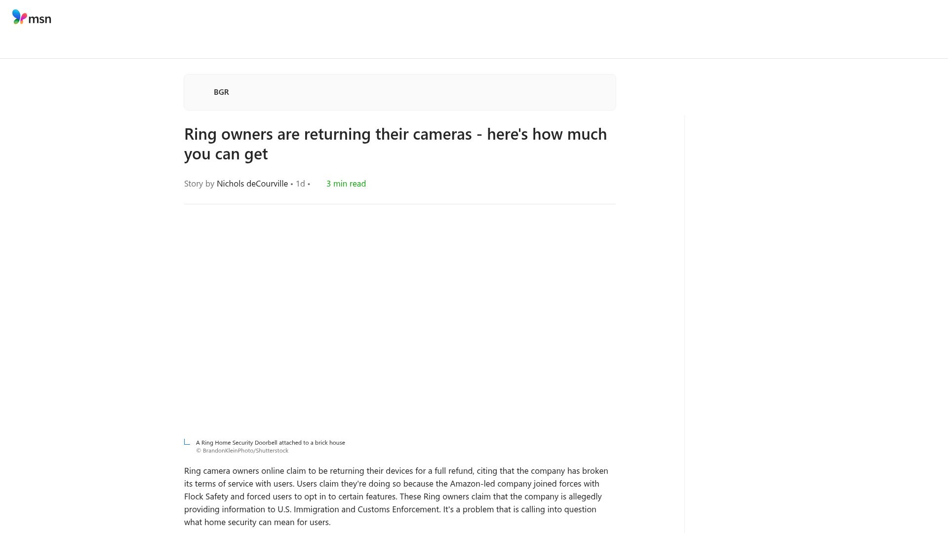 Screenshot of msn.com: Ring owners are returning their cameras