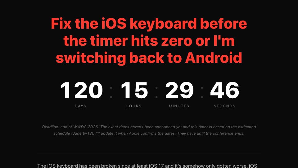 Screenshot of ios-countdown.win: Fix the iOS keyboard before the timer hits zero or I'm switching back to Android
