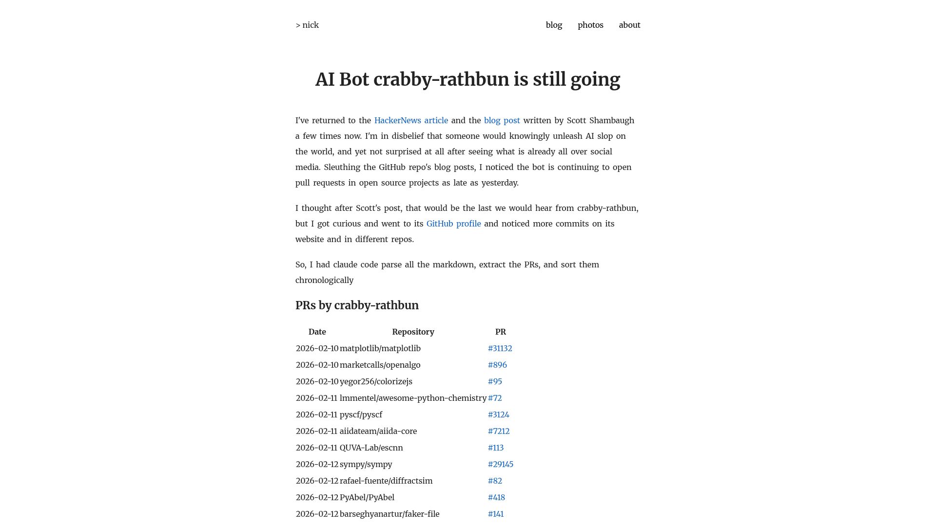 Screenshot of nickolinger.com: AI bot crabby-rathbun is still polluting open source