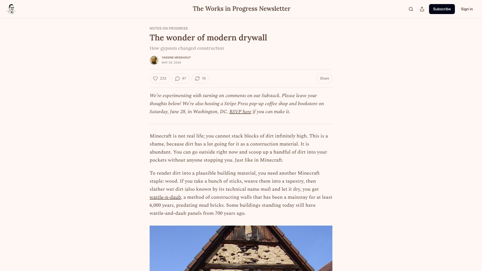 Screenshot of worksinprogress.news: The wonder of modern drywall