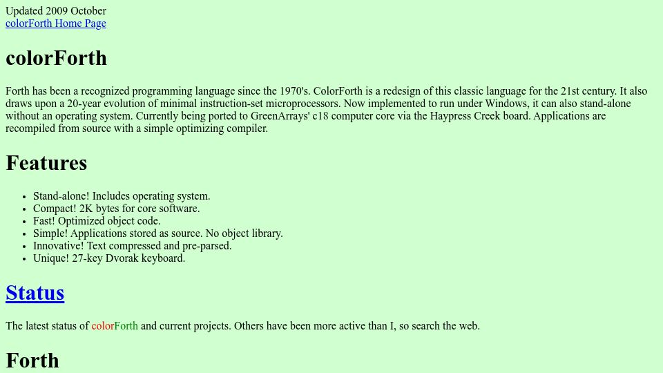 Screenshot of colorforth.github.io: colorForth