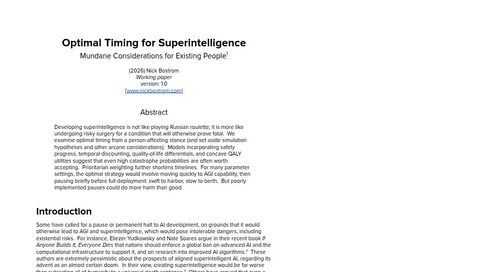 Screenshot of nickbostrom.com: New Nick Bostrom Paper: Optimal Timing for Superintelligence [pdf]