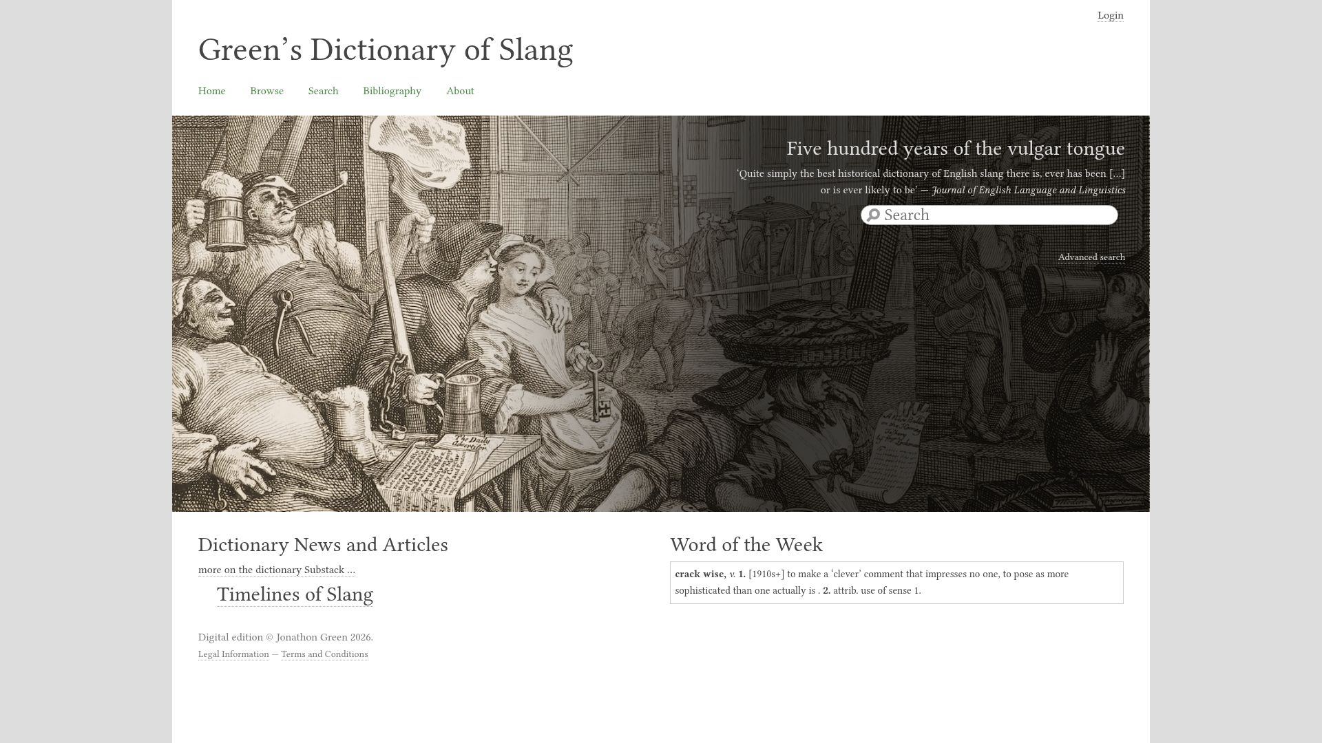 Screenshot of greensdictofslang.com: Green’s Dictionary of Slang - Five hundred years of the vulgar tongue