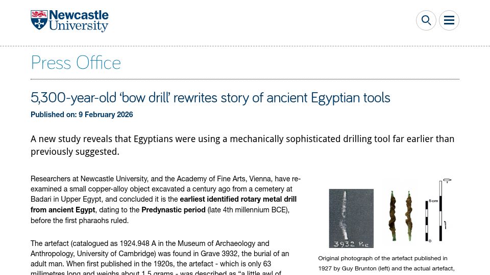 Screenshot of ncl.ac.uk: 5,300-year-old 'bow drill' rewrites story of ancient Egyptian tools