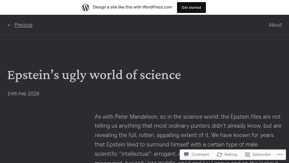 Screenshot of homunculusmusic.wordpress.com: Epstein's Ugly World of Science