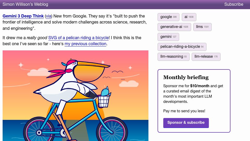 Screenshot of simonwillison.net: Gemini 3 Deep Think drew me a good SVG of a pelican riding a bicycle