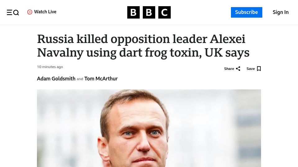 Screenshot of bbc.com: Russia killed opposition leader Alexei Navalny using dart frog toxin, UK says