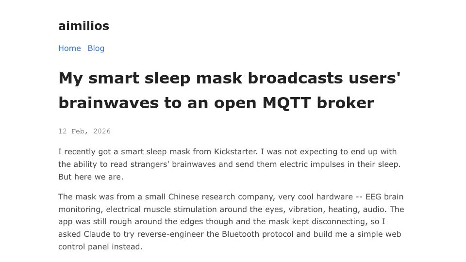 Screenshot of aimilios.bearblog.dev: My smart sleep mask broadcasts users' brainwaves to an open MQTT broker