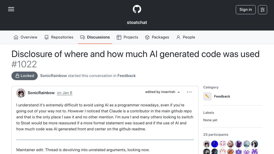Screenshot of github.com: Stoat removes all LLM-generated code following user criticism