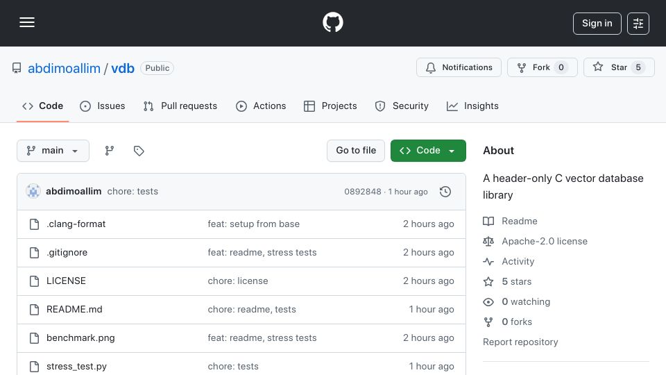 Screenshot of github.com: A header-only C vector database library