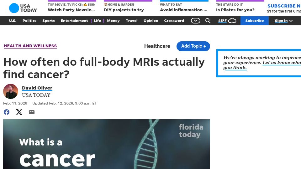 Screenshot of usatoday.com: How often do full-body MRIs find cancer?