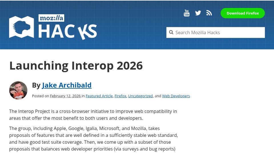 Screenshot of hacks.mozilla.org: Launching Interop 2026