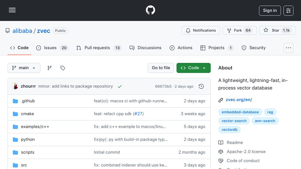 Screenshot of github.com: Zvec: A lightweight, fast, in-process vector database
