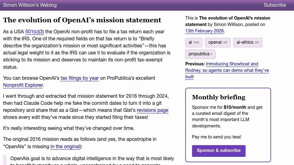 Screenshot of simonwillison.net: The evolution of OpenAI's mission statement