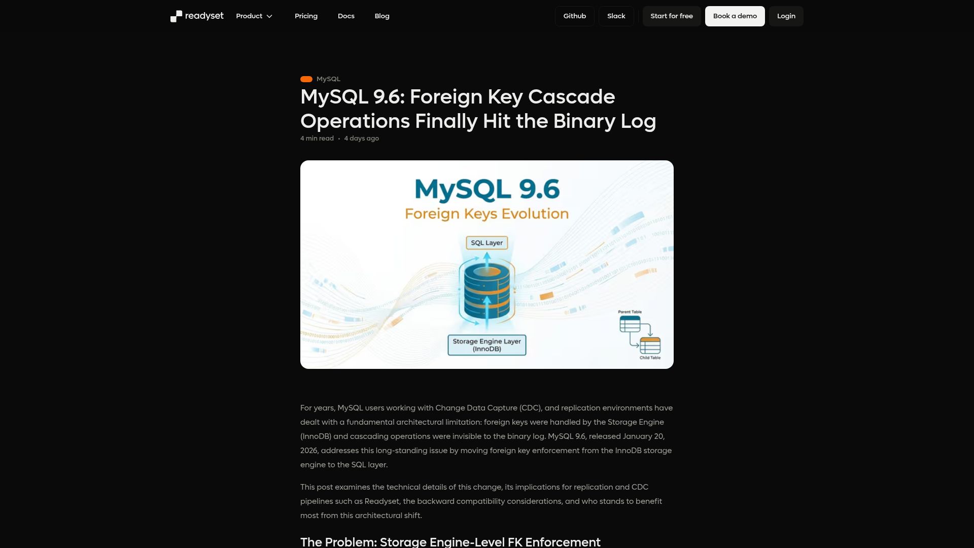 Screenshot of readyset.io: MySQL foreign key cascade operations finally hit the binary log
