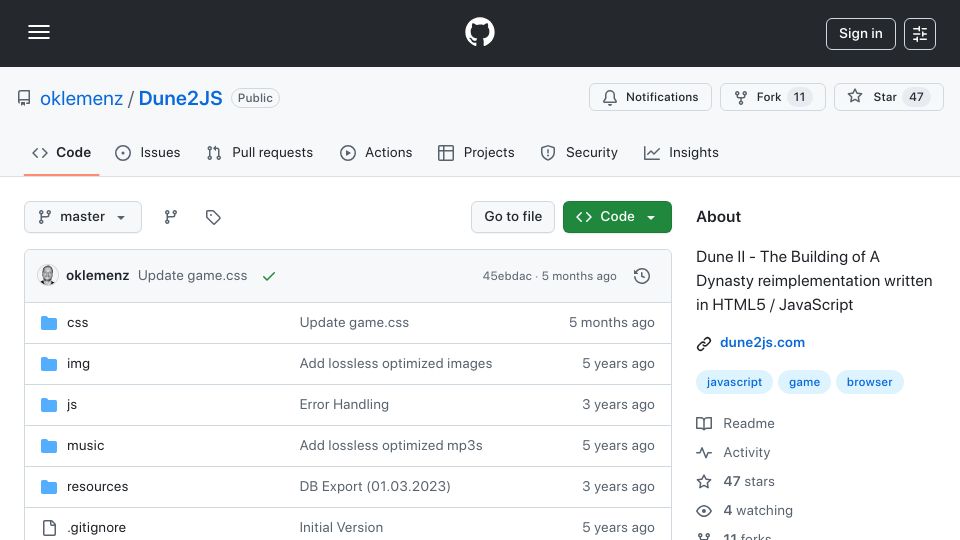 Screenshot of github.com: Dune II written in HTML5/JS