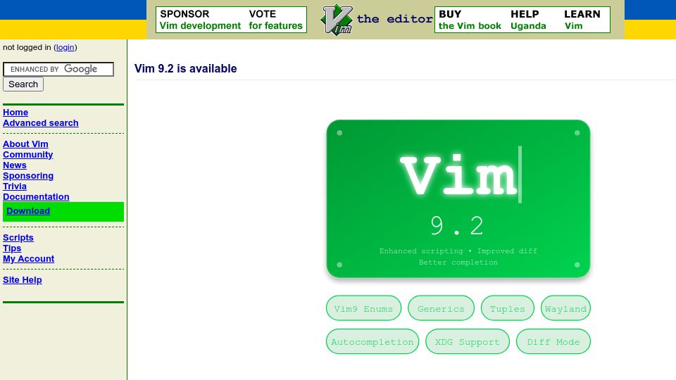Screenshot of vim.org: Vim 9.2