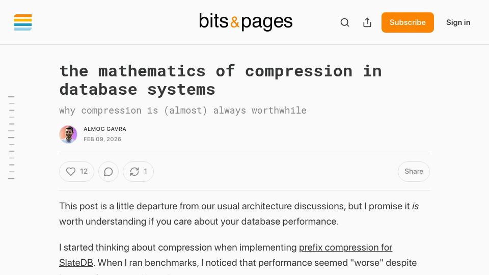 Screenshot of bitsxpages.com: The mathematics of compression in database systems