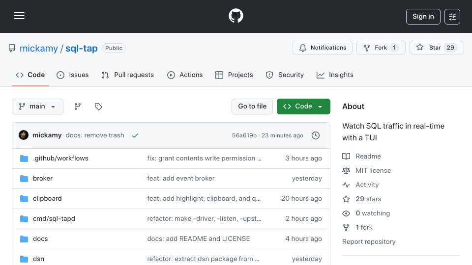 Screenshot of github.com: Show HN: SQL-tap – Real-time SQL traffic viewer for PostgreSQL and MySQL