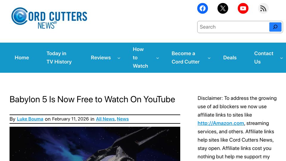 Screenshot of cordcuttersnews.com: Babylon 5 is now free to watch on YouTube