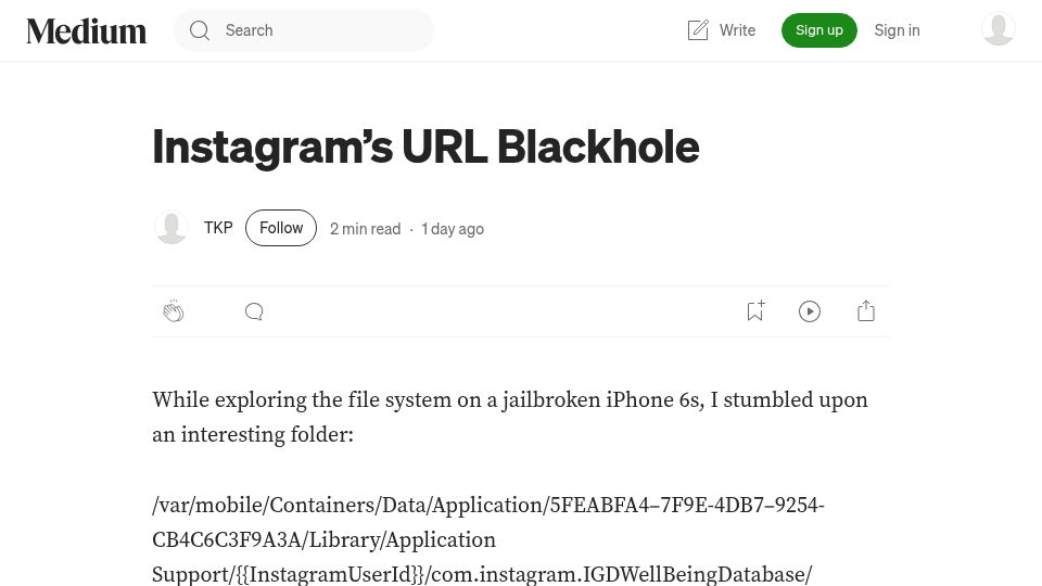 Screenshot of medium.com: Instagram's URL Blackhole