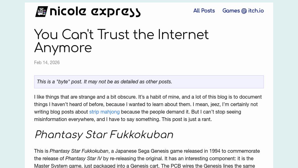 Screenshot of nicole.express: You can't trust the internet anymore