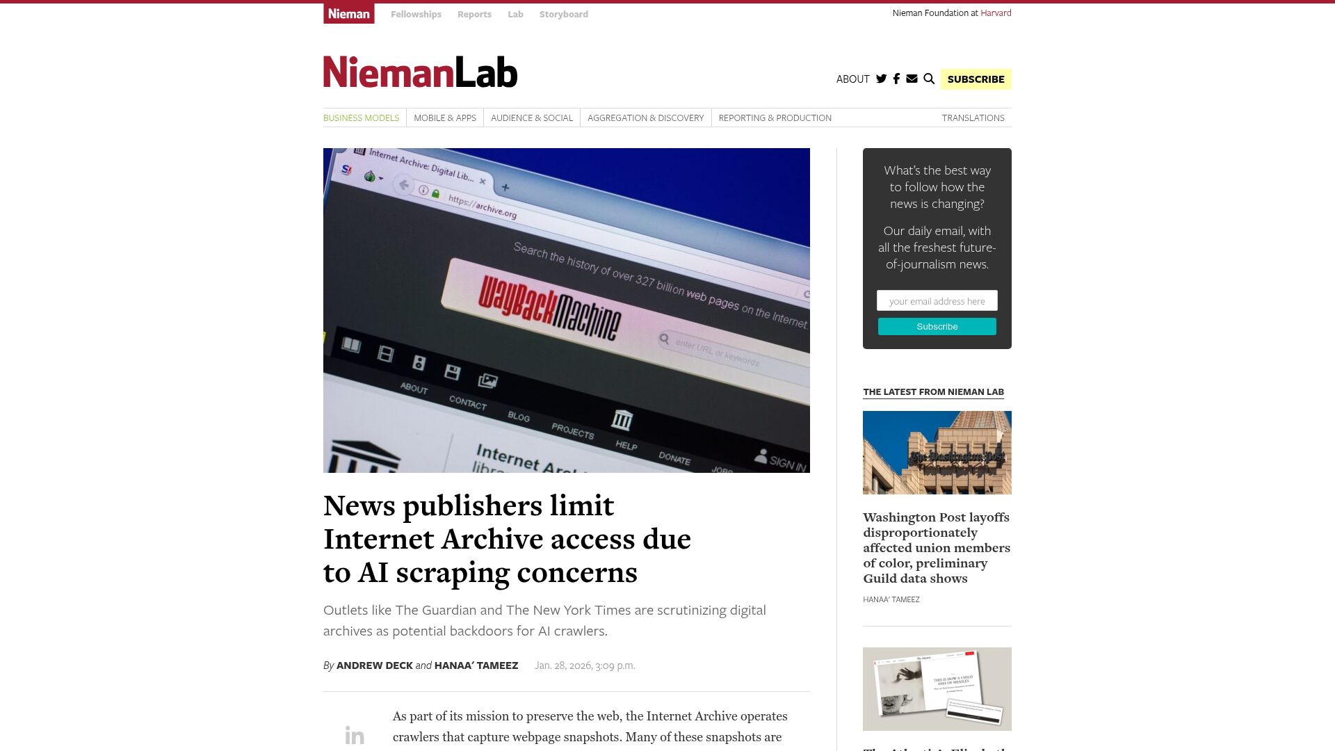 Screenshot of niemanlab.org: News publishers limit Internet Archive access due to AI scraping concerns