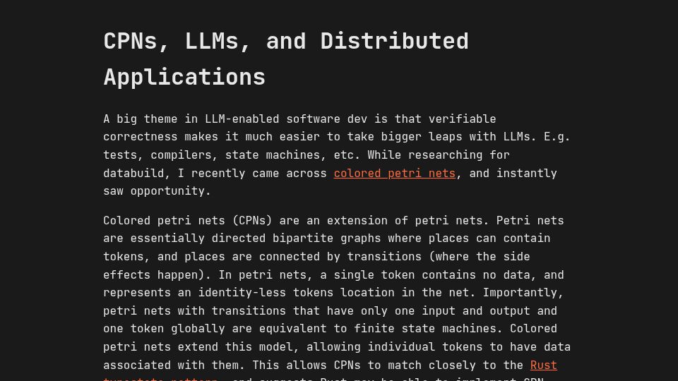 Screenshot of blog.sao.dev: Colored Petri Nets, LLMs, and distributed applications
