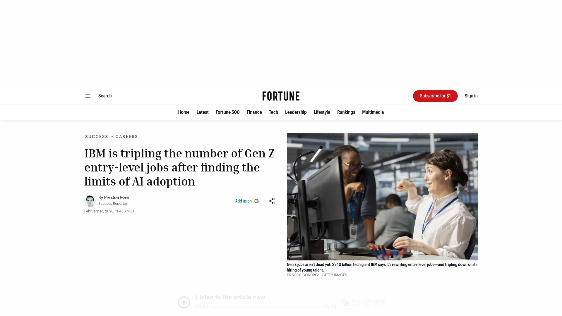 Screenshot of fortune.com: IBM tripling entry-level jobs after finding the limits of AI adoption