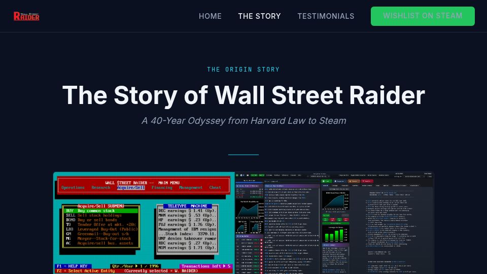 Screenshot of wallstreetraider.com: Show HN: I spent 3 years reverse-engineering a 40 yo stock market sim from 1986