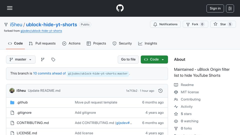 Screenshot of github.com: uBlock filter list to hide all YouTube Shorts