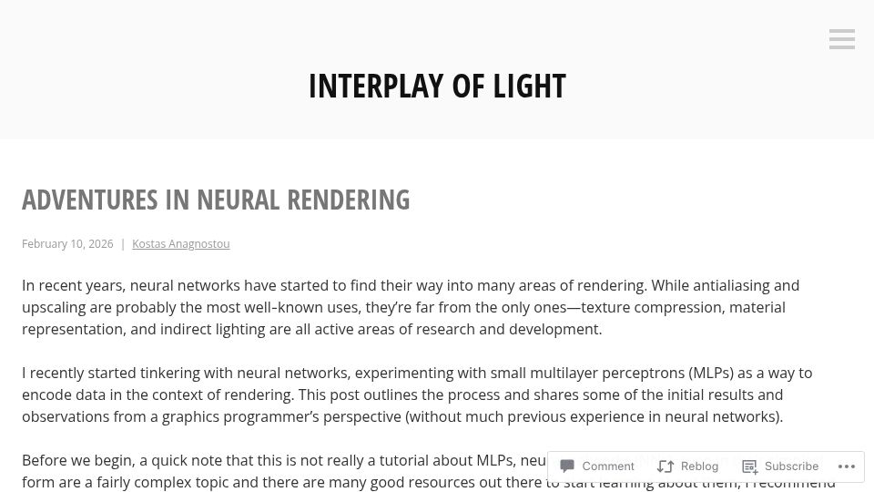 Screenshot of interplayoflight.wordpress.com: Adventures in Neural Rendering