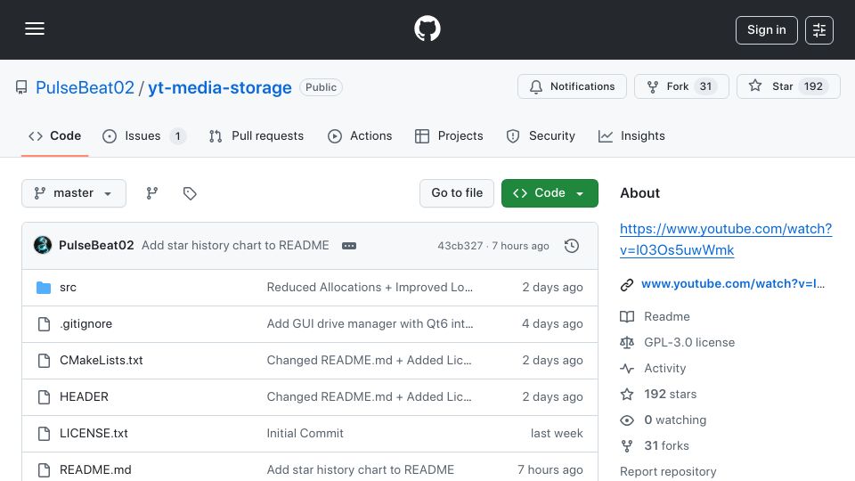 Screenshot of github.com: YouTube as Storage