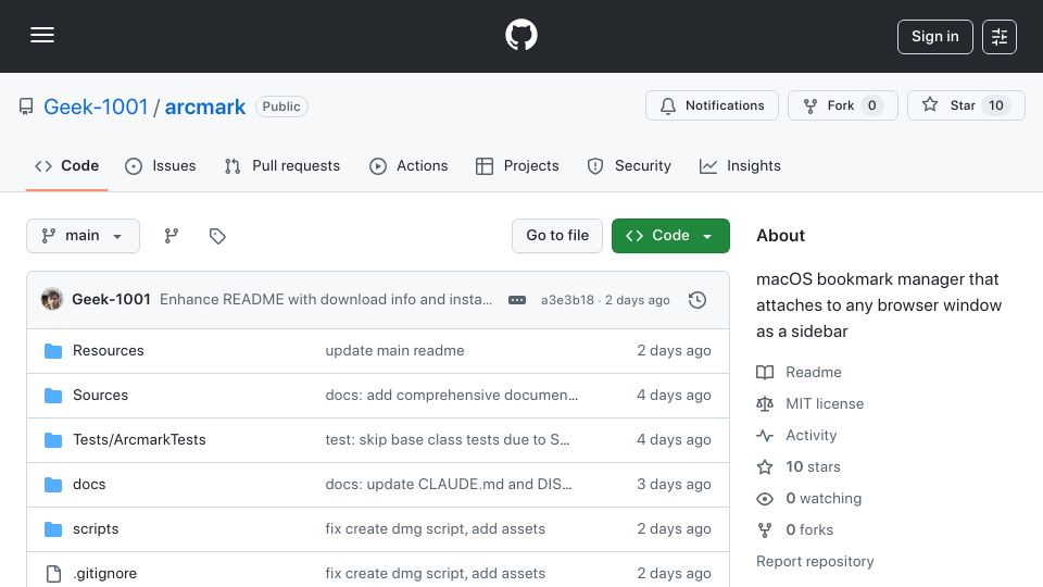 Screenshot of github.com: Show HN: Arcmark – macOS bookmark manager that attaches to browser as sidebar