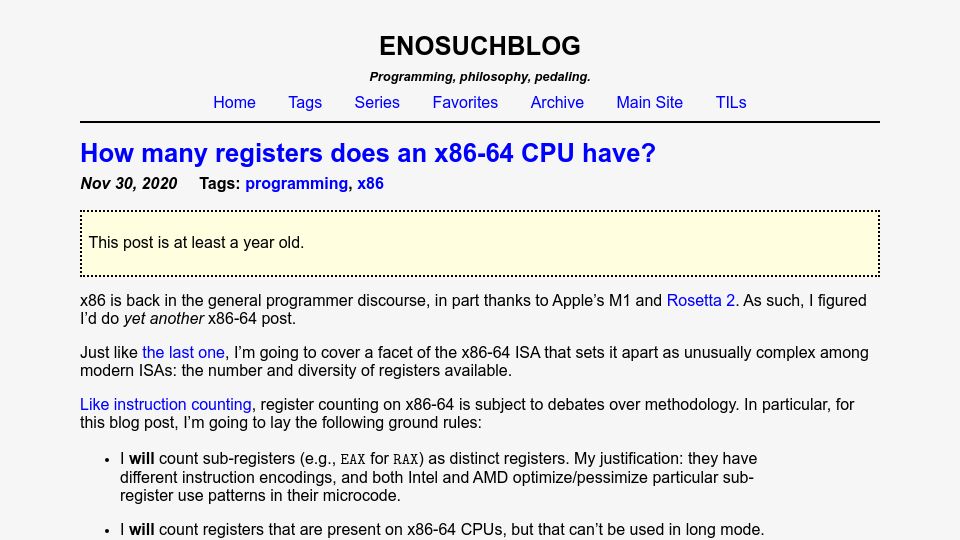 Screenshot of blog.yossarian.net: How many registers does an x86-64 CPU have? (2020)