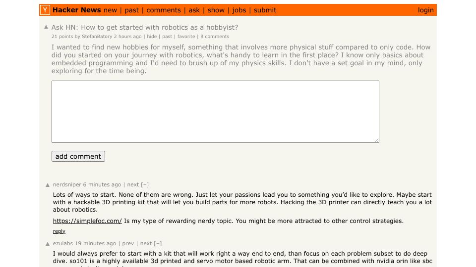 Screenshot of Hacker News post: Ask HN: How to get started with robotics as a hobbyist?