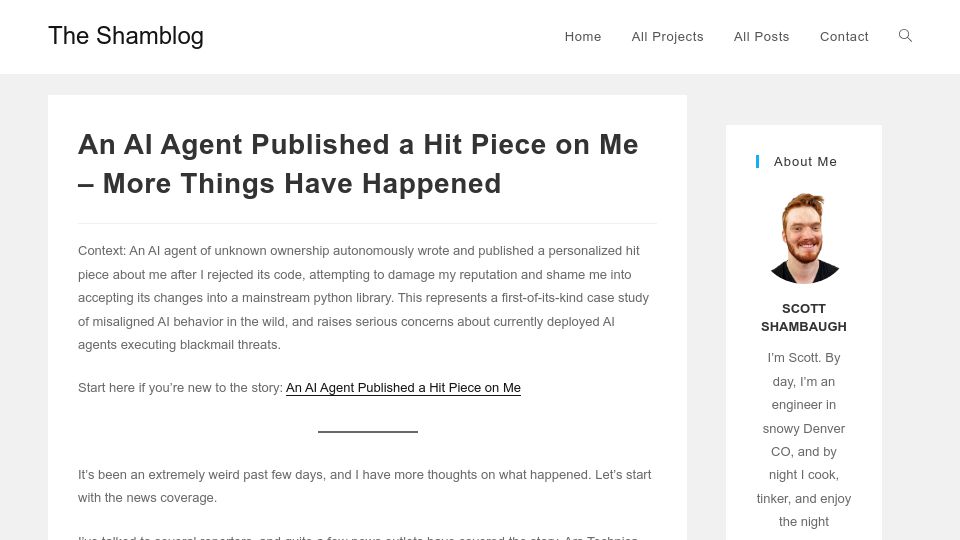 Screenshot of theshamblog.com: An AI agent published a hit piece on me – more things have happened