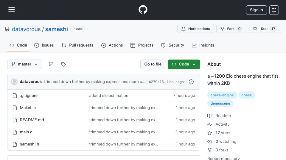 Screenshot of github.com: Show HN: Sameshi – a ~1200 Elo chess engine that fits within 2KB