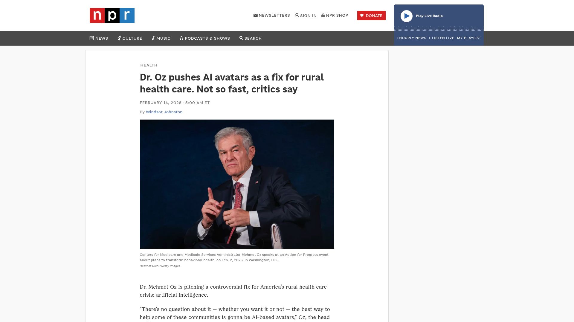 Screenshot of npr.org: Dr. Oz pushes AI avatars as a fix for rural health care