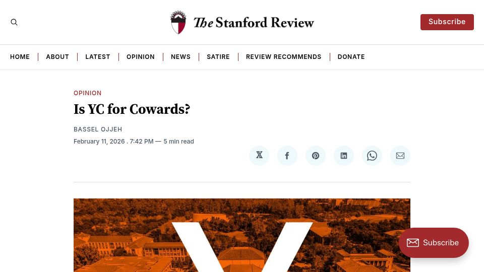 Screenshot of stanfordreview.org: Stanford Review: Is YC for Cowards?