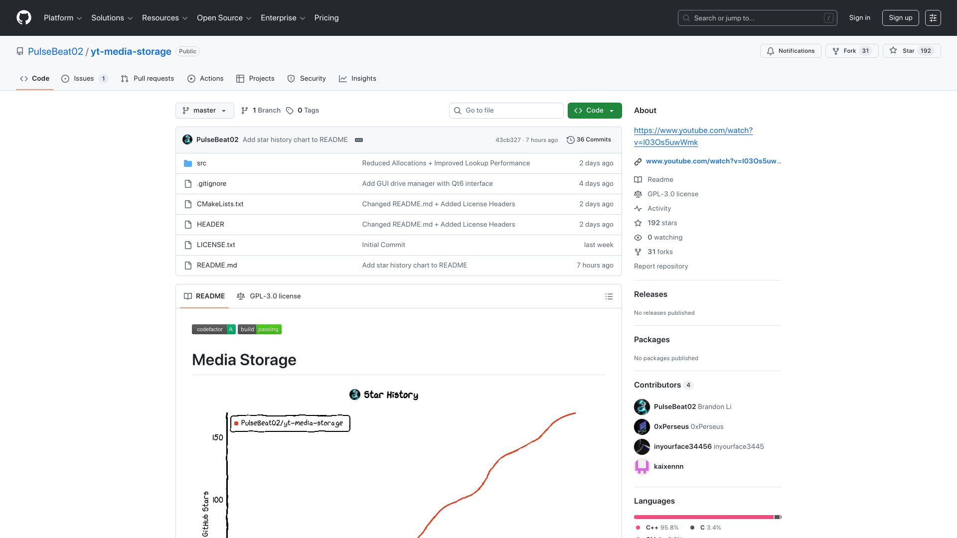 Screenshot of github.com: YouTube as Storage